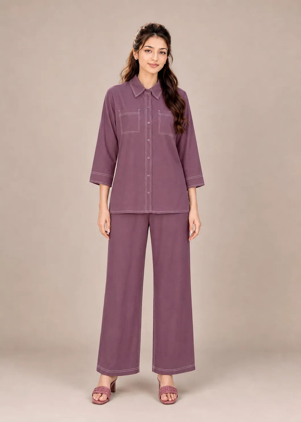 Mauve Contrast Stitch Armani Slub Co-ord Set