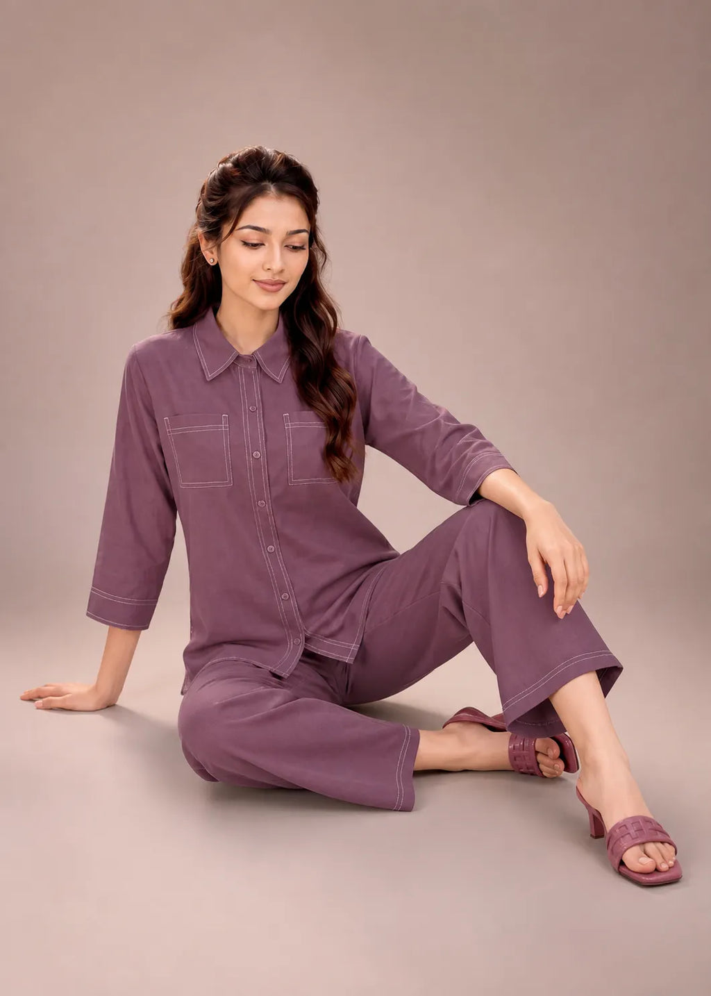 Mauve Contrast Stitch Armani Slub Co-ord Set