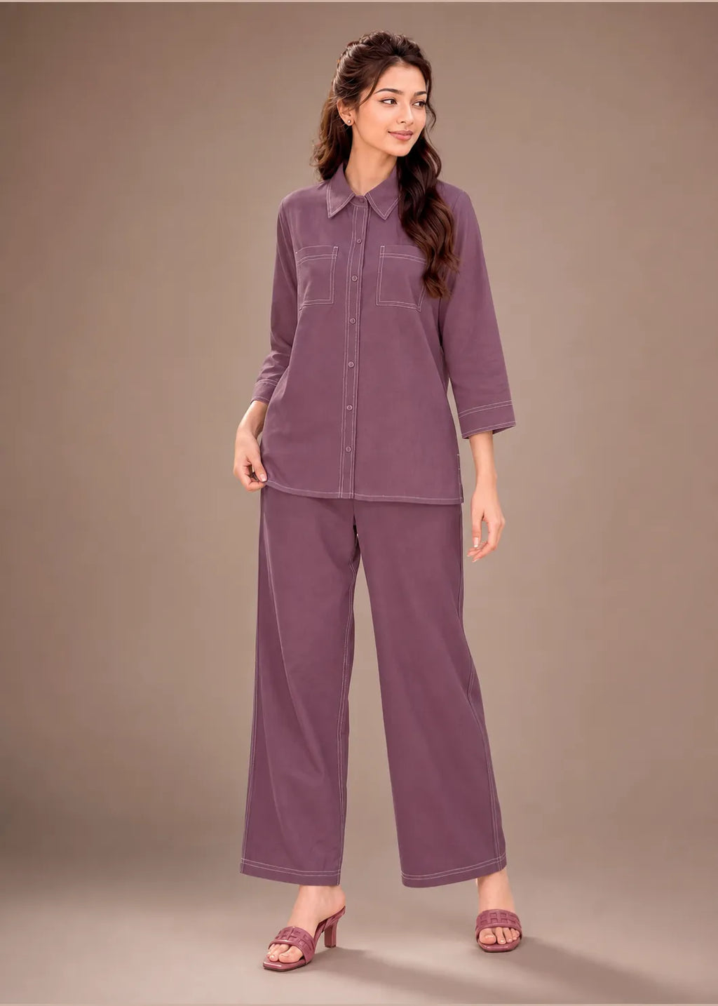 Mauve Contrast Stitch Armani Slub Co-ord Set
