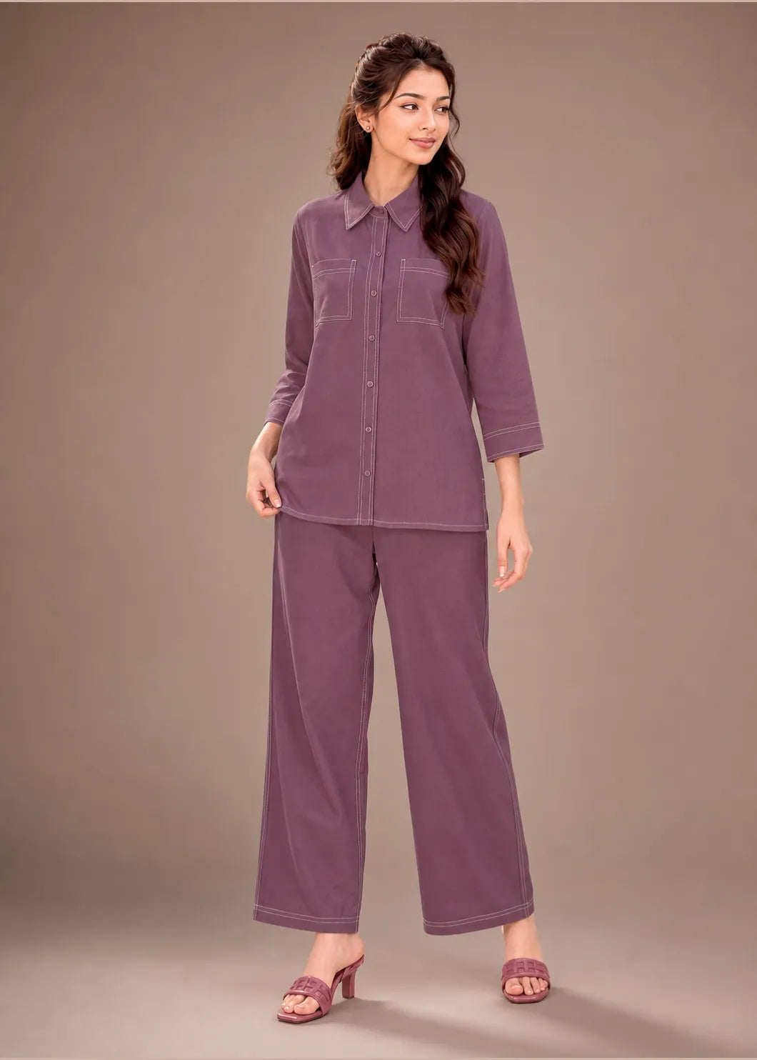 Mauve Contrast Stitch Armani Slub Co-ord Set