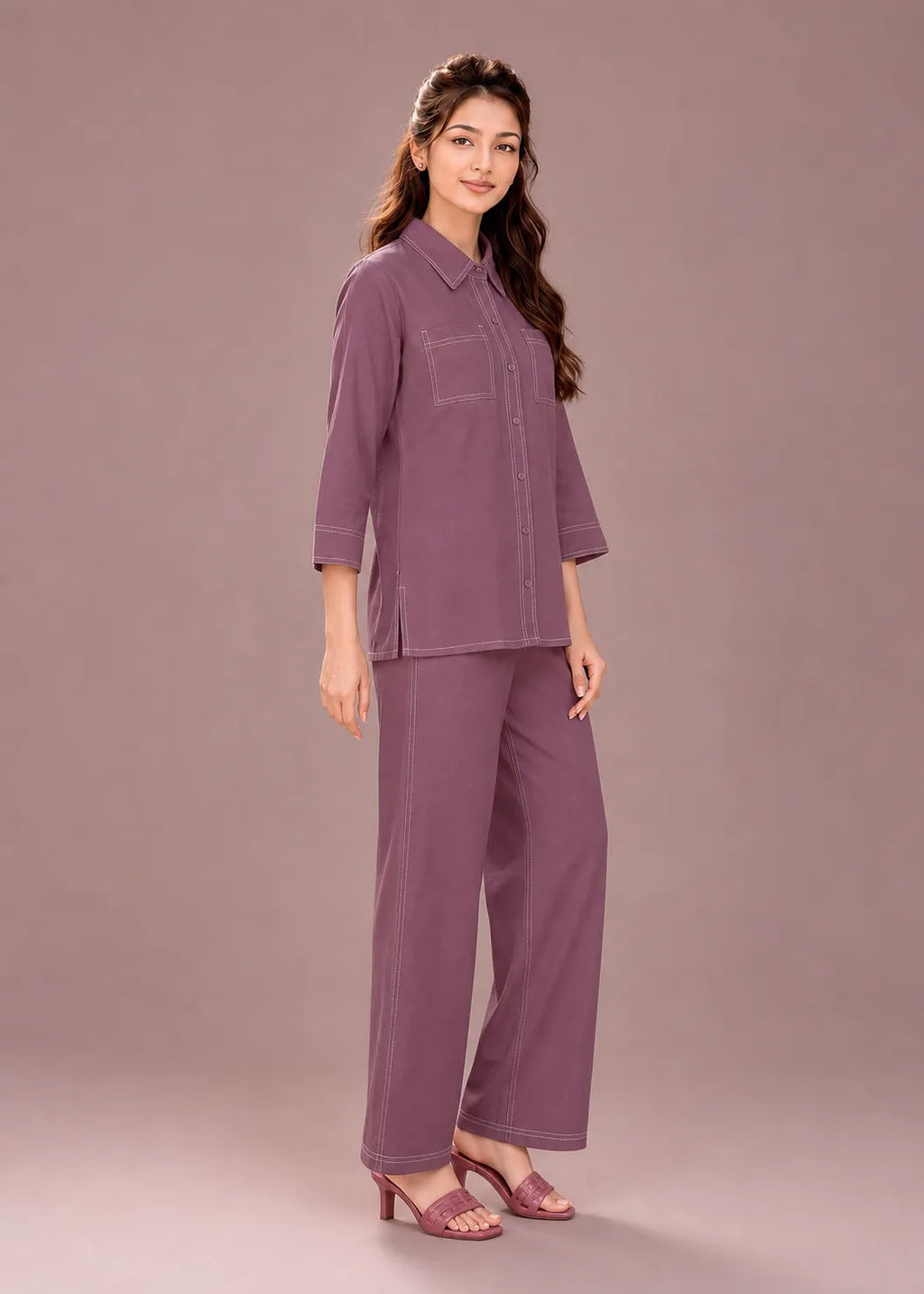 Mauve Contrast Stitch Armani Slub Co-ord Set