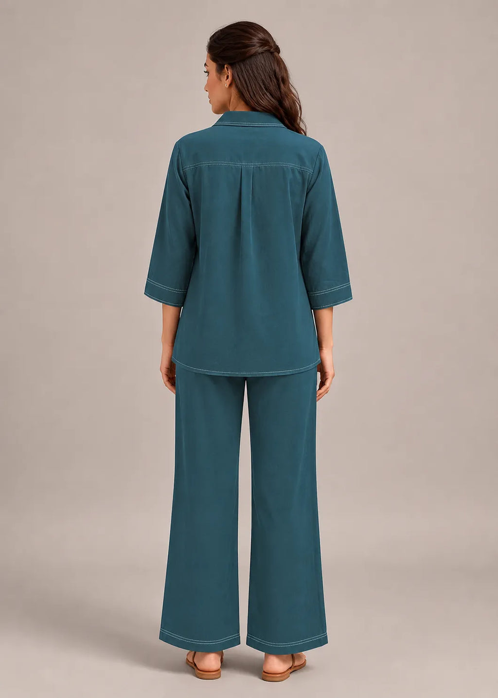 Teal Contrast Stitch Armani Slub Co-ord Set