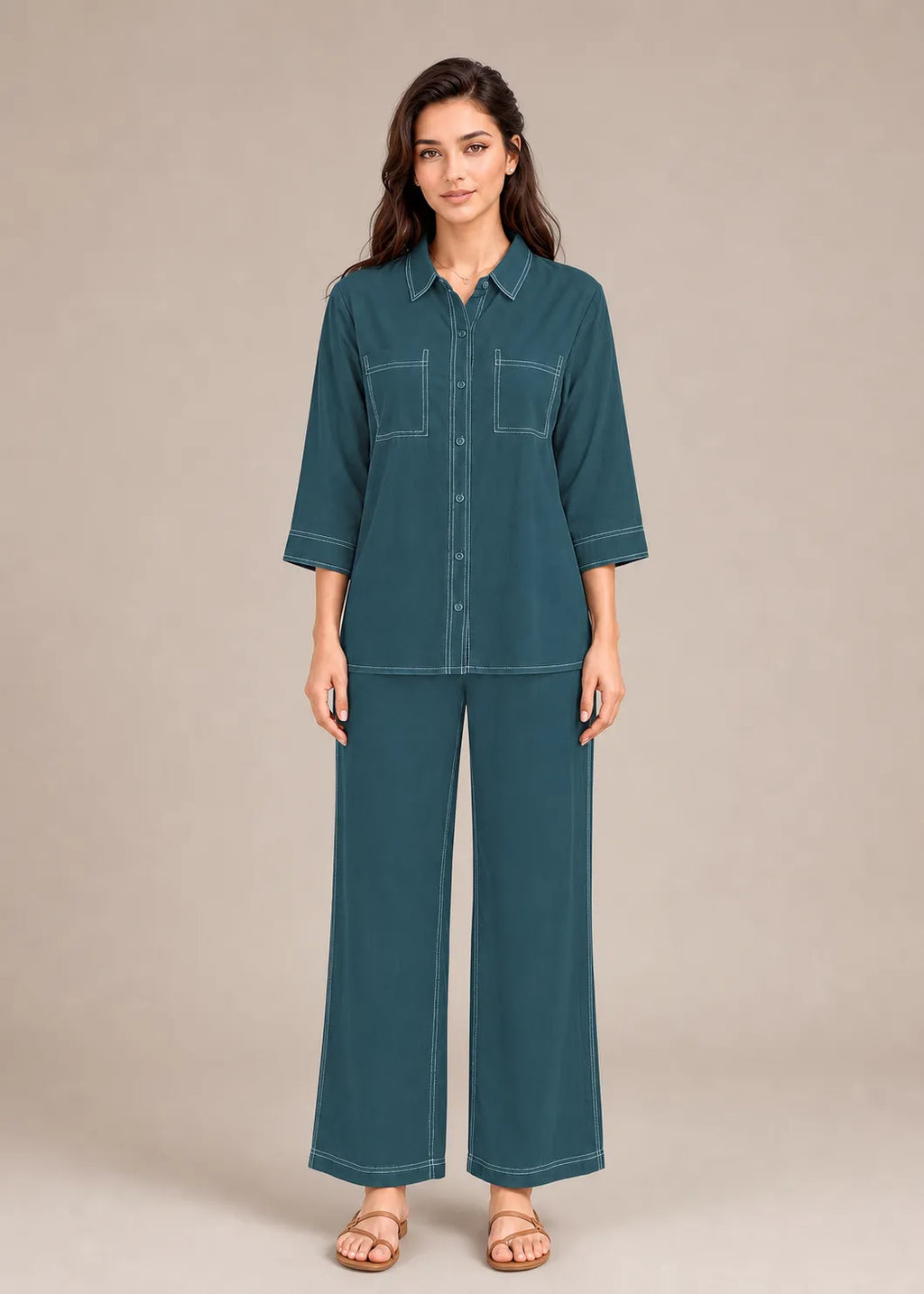 Teal Contrast Stitch Armani Slub Co-ord Set