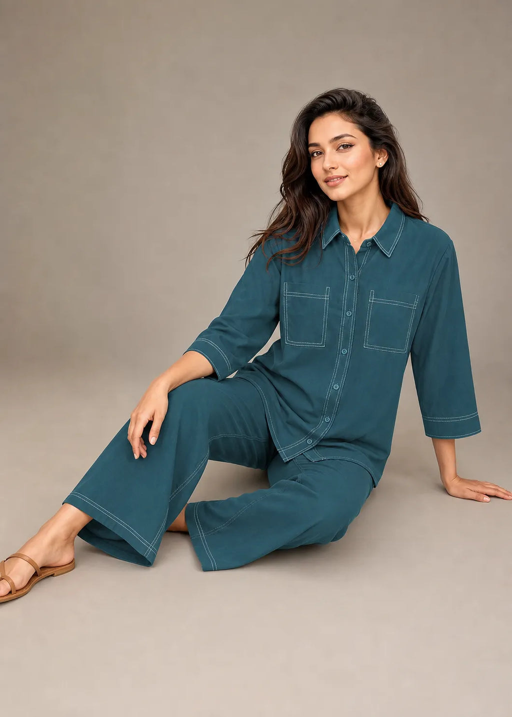 Teal Contrast Stitch Armani Slub Co-ord Set
