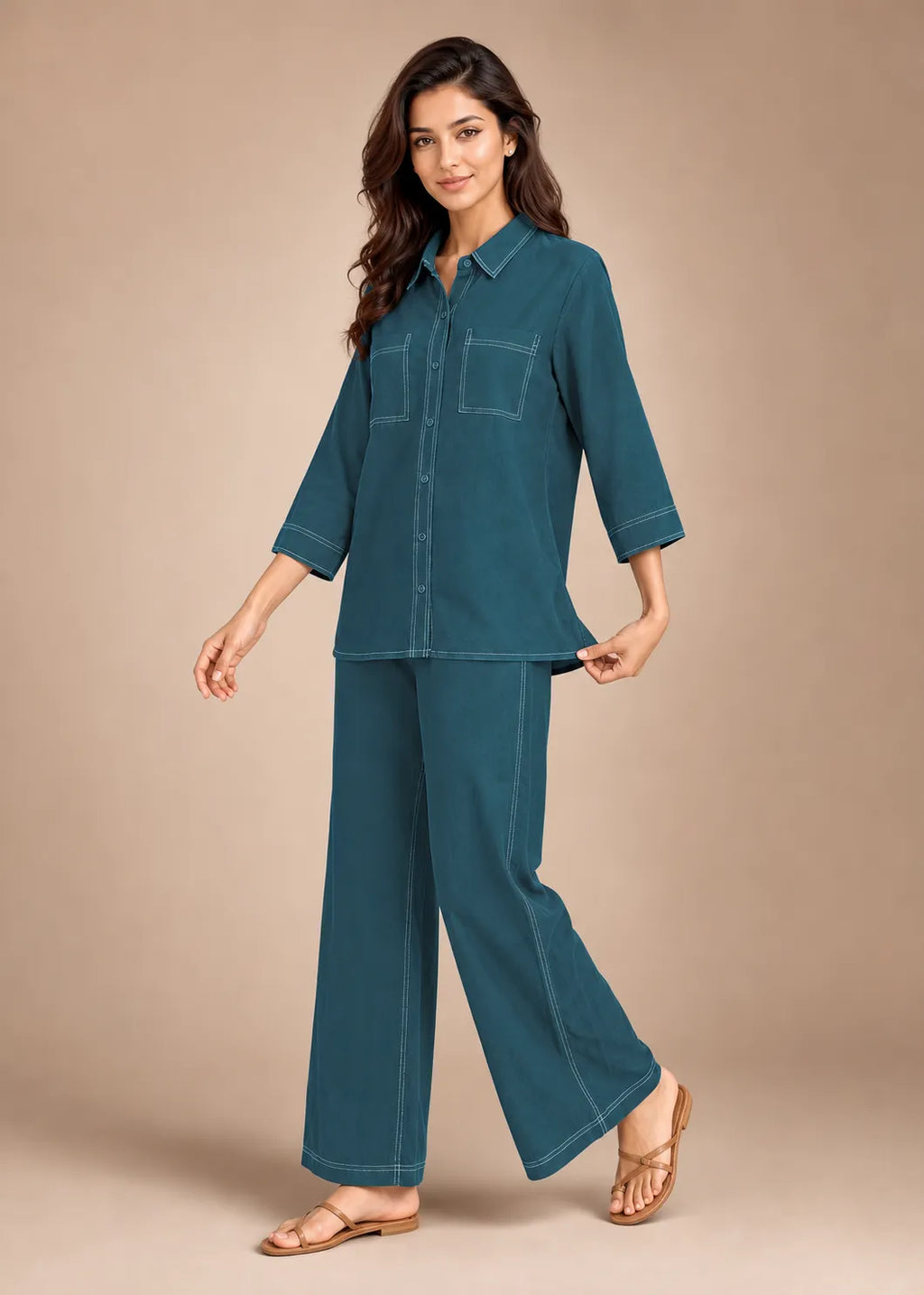 Teal Contrast Stitch Armani Slub Co-ord Set