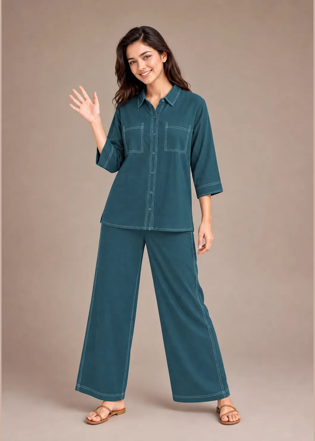 Teal Contrast Stitch Armani Slub Co-ord Set