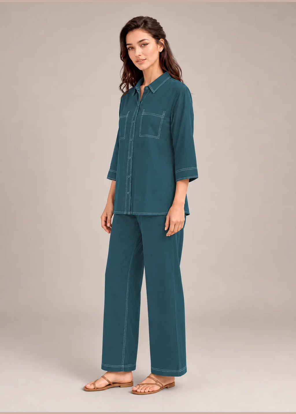 Teal Contrast Stitch Armani Slub Co-ord Set