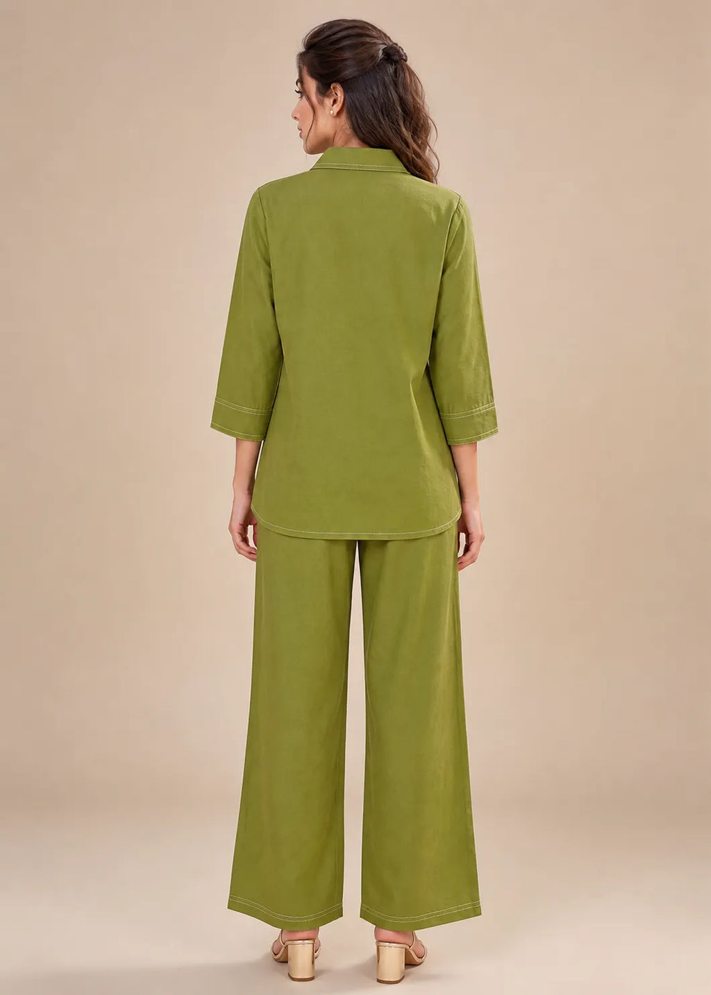 Olive Green Contrast Stitch Armani Slub Co-ord Set