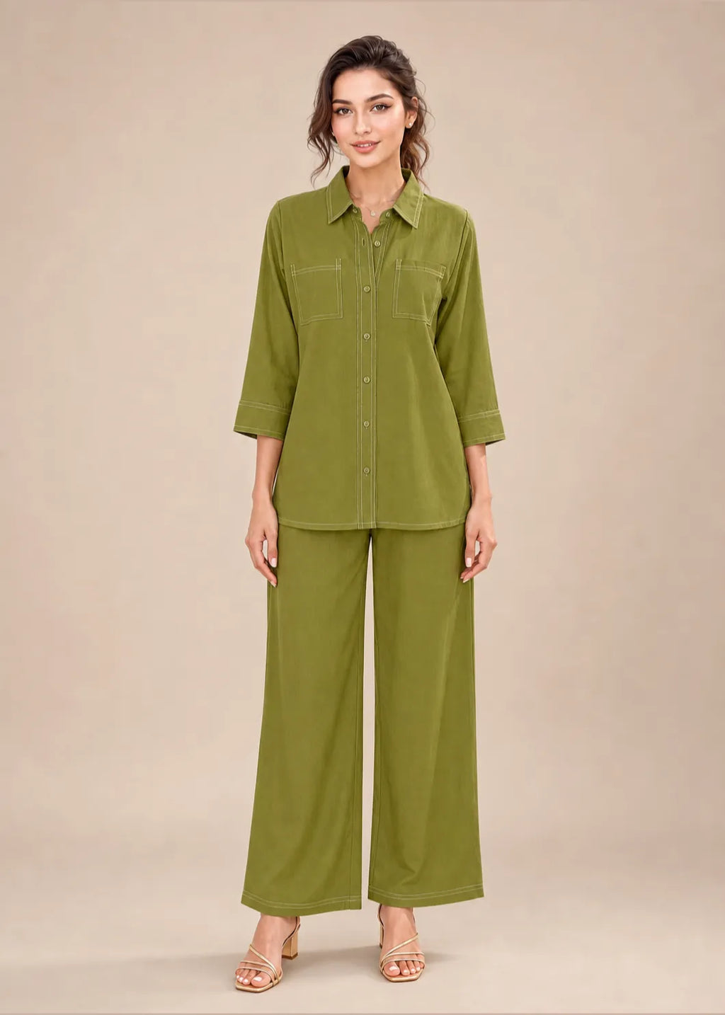 Olive Green Contrast Stitch Armani Slub Co-ord Set