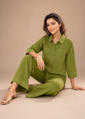 Olive Green Contrast Stitch Armani Slub Co-ord Set