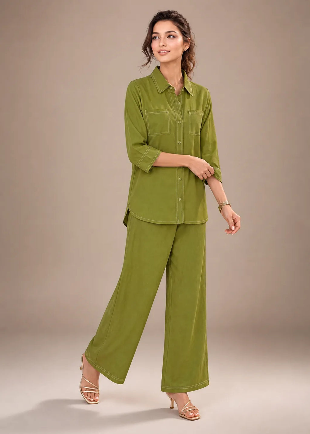 Olive Green Contrast Stitch Armani Slub Co-ord Set