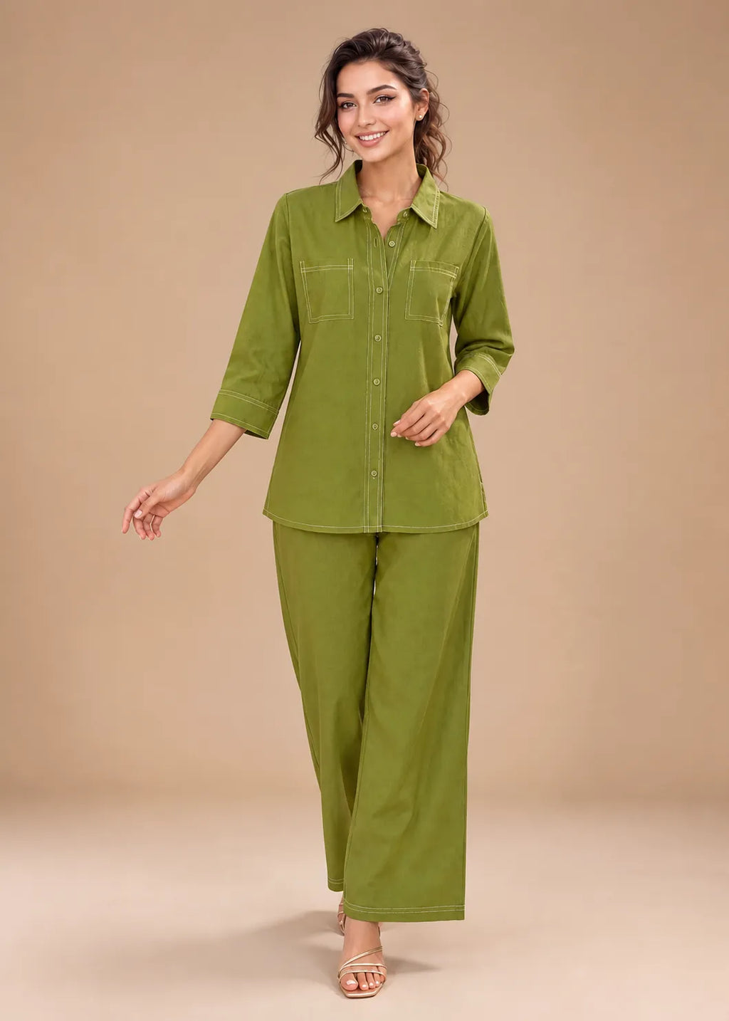Olive Green Contrast Stitch Armani Slub Co-ord Set