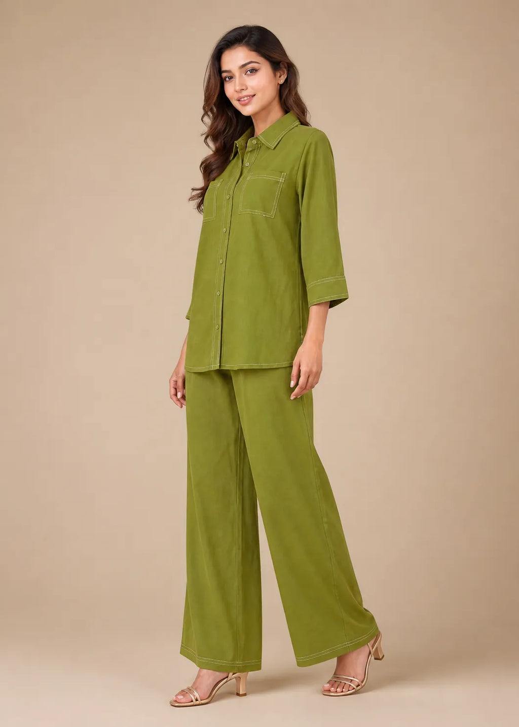 Olive Green Contrast Stitch Armani Slub Co-ord Set