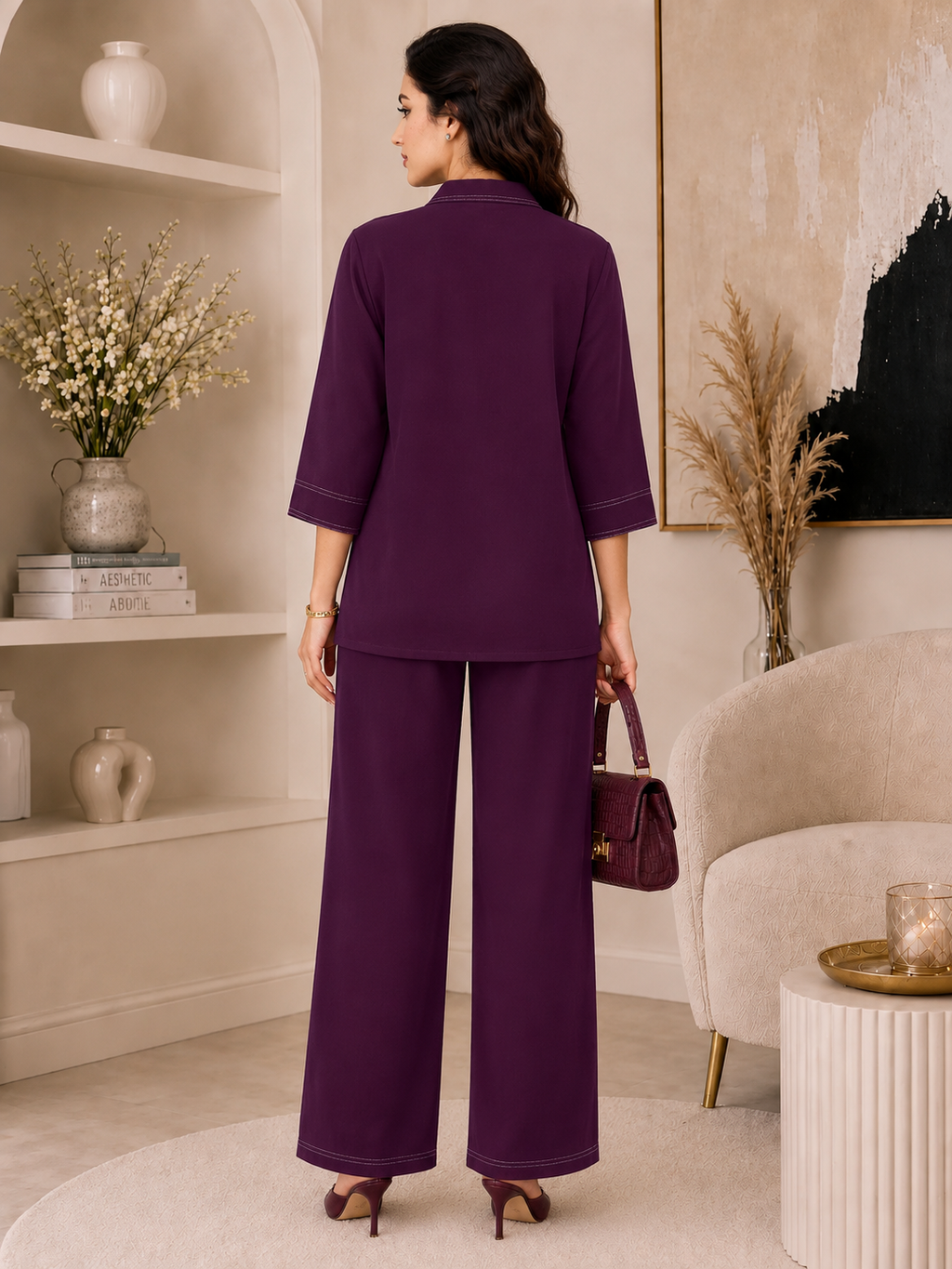 Plum Contrast Stitch Armani Slub Co-ord Set