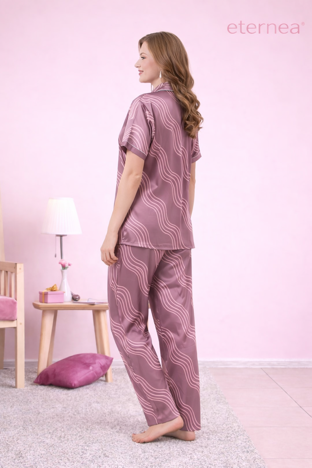 Wave Print Satin Short Sleeve Pajama Set