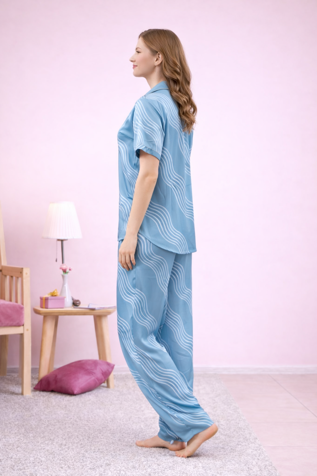 Wave Print Satin Short Sleeve Pajama Set