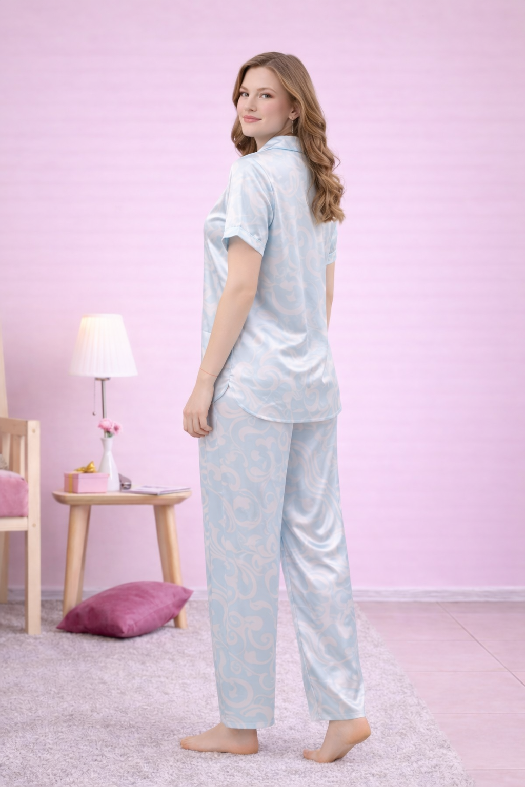 Paisley Print Satin Short Sleeve Pajama Set