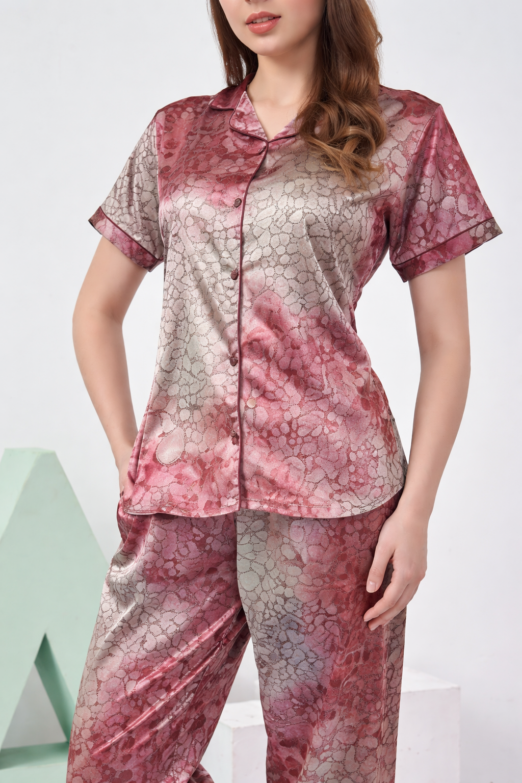 Abstract Satin Short Sleeve Pajama Set