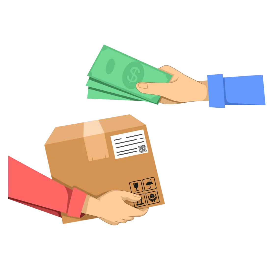 Illustration of a hand handing over money to another hand holding a cardboard box.