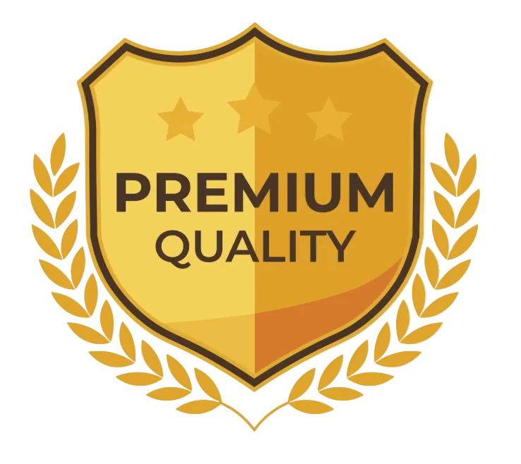 Gold shield with 'PREMIUM QUALITY' text and laurel wreath on a white background