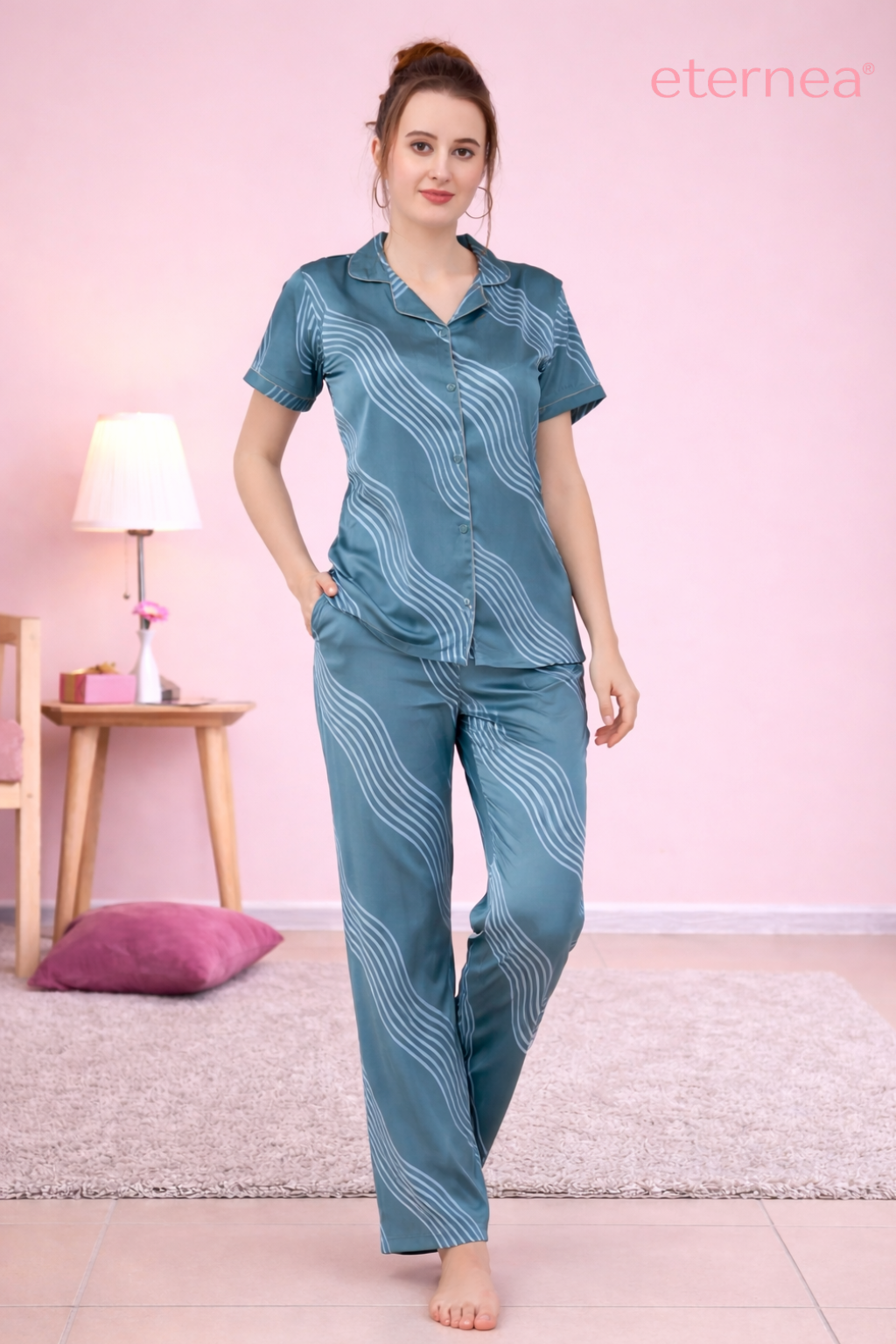 Wave Print Satin Short Sleeve Pajama Set