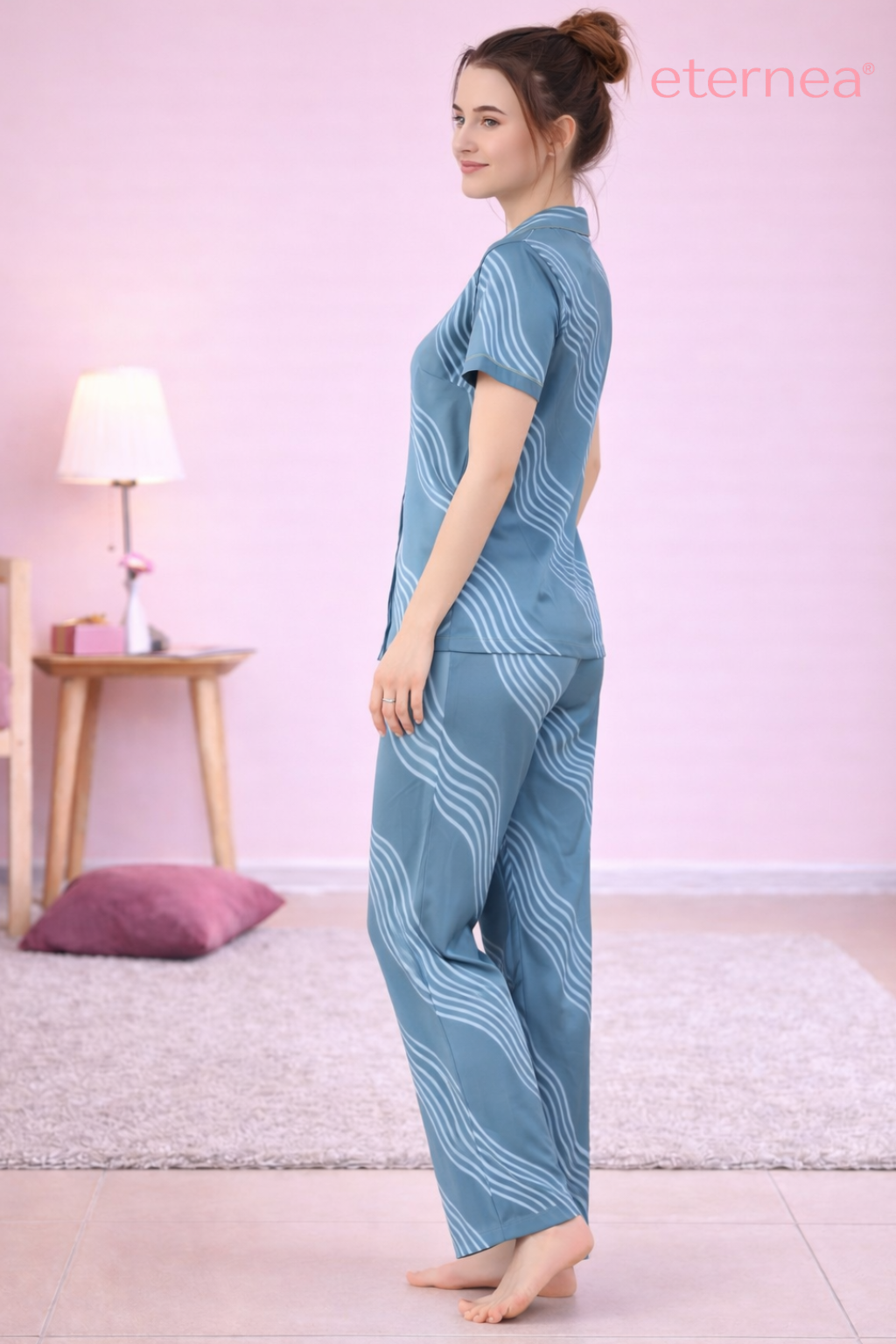 Wave Print Satin Short Sleeve Pajama Set