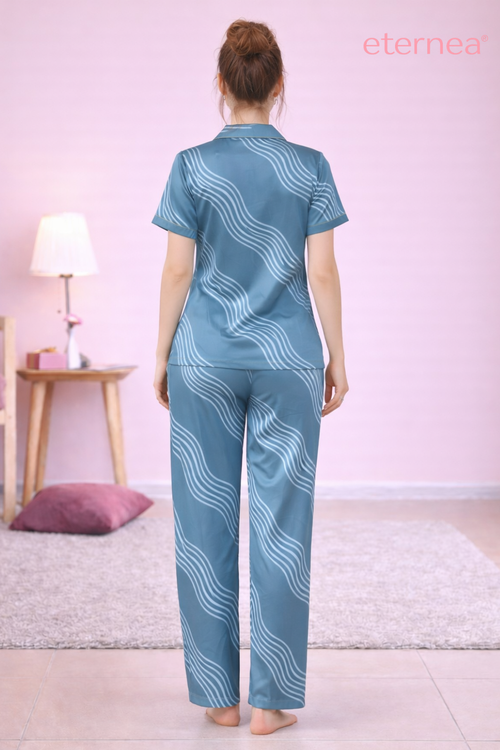 Wave Print Satin Short Sleeve Pajama Set