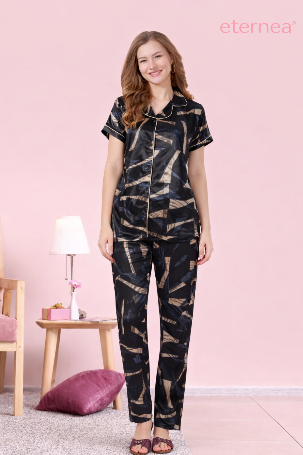 Abstract Satin Short Sleeve Pajama Set