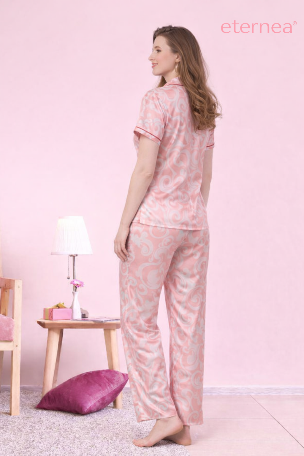 Abstract Satin Short Sleeve Pajama Set Pink