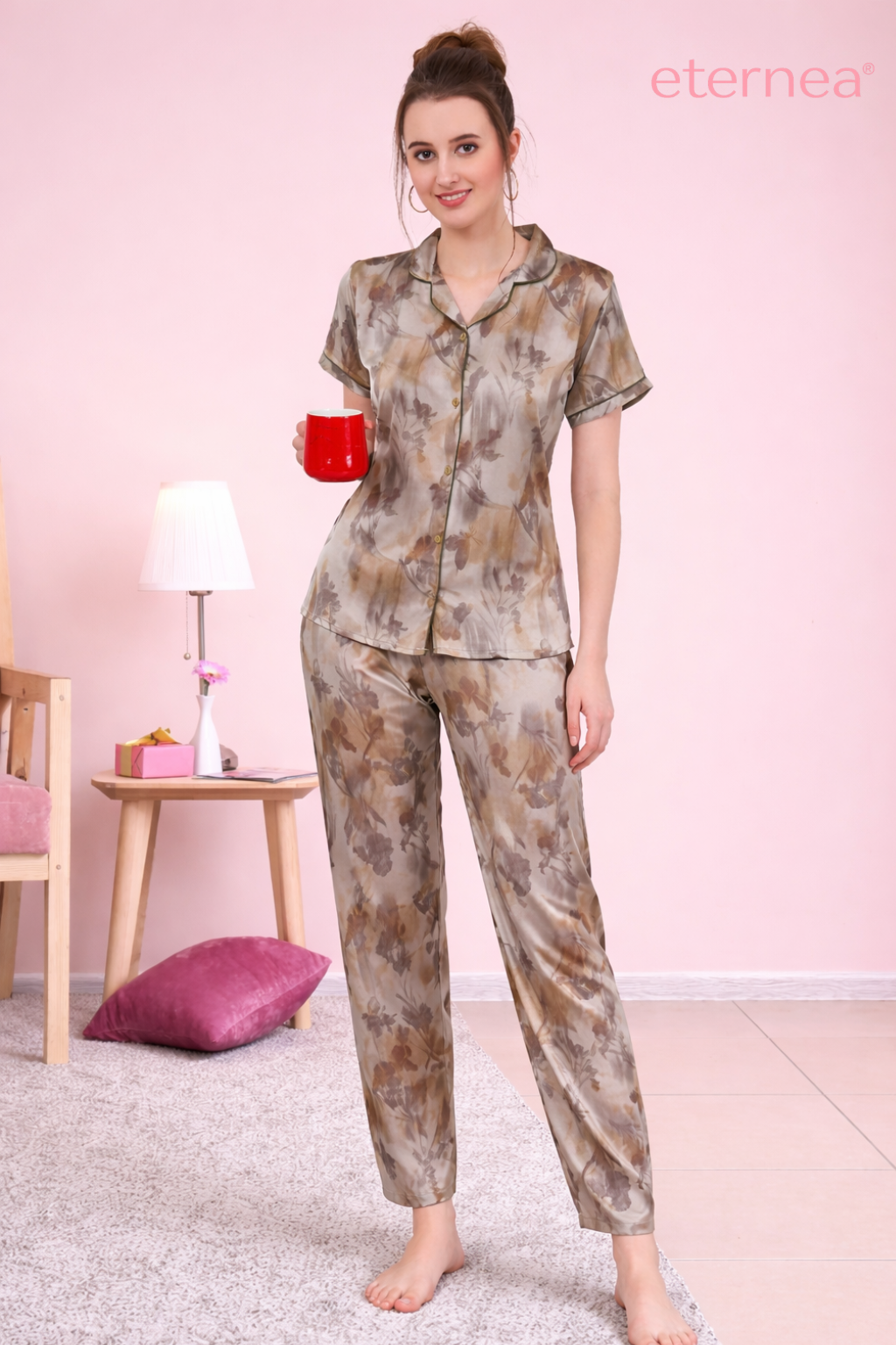 Floral Satin Short Sleeve Pajama Set