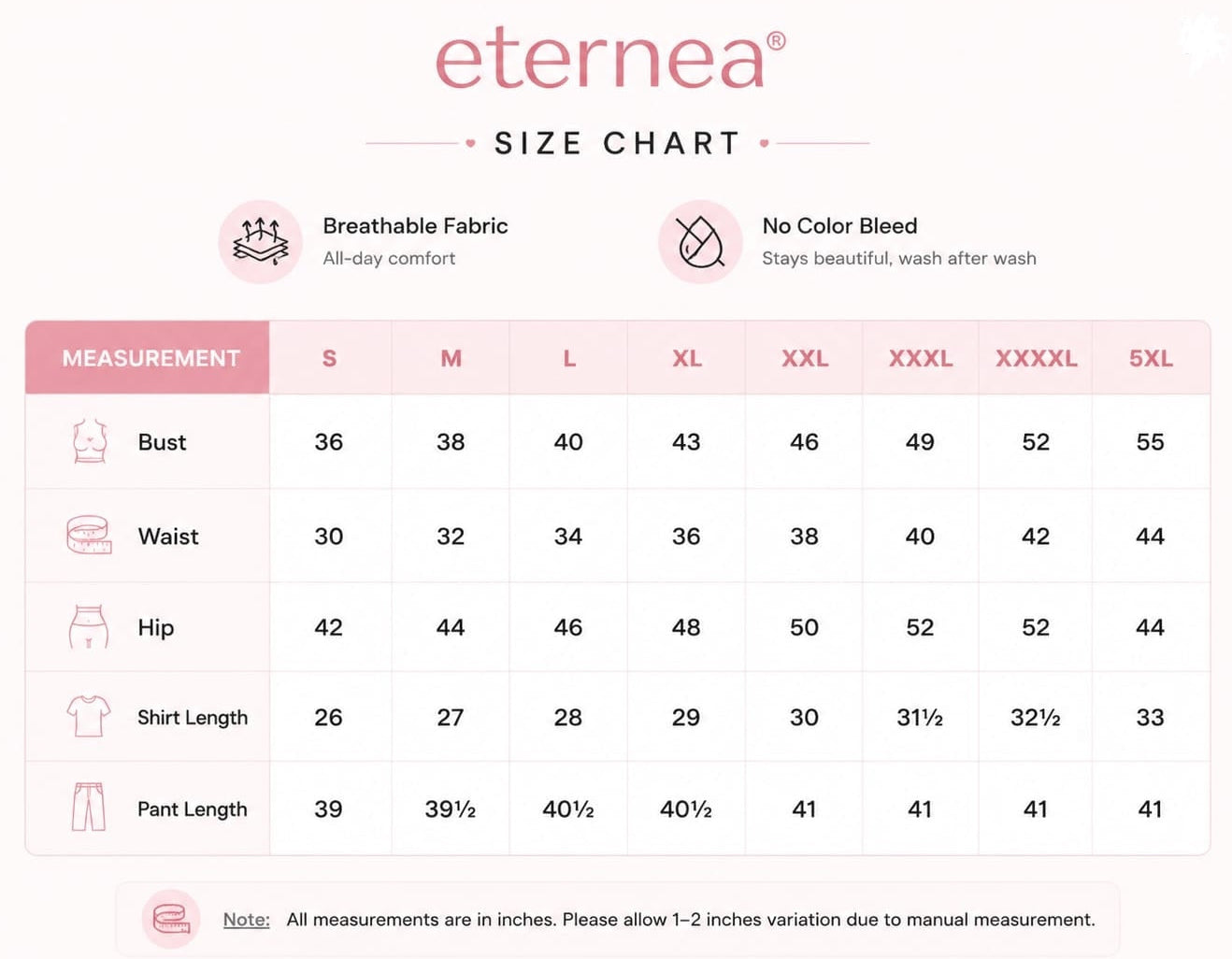 Size chart for clothing measurements including bust, waist, hip, shirt length, and pant length.
