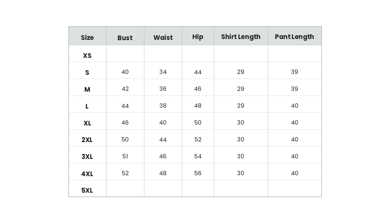 Size chart for clothing measurements on a white background