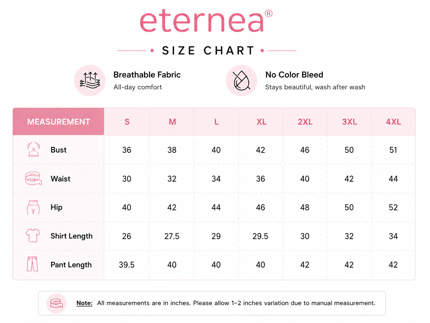 Size chart for clothing measurements on a white background