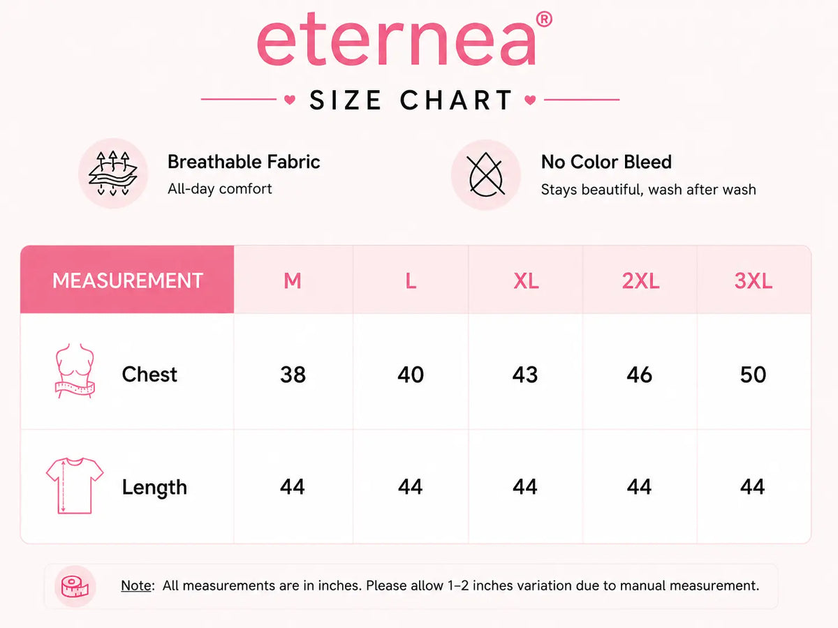 A size chart graphic for the Eternea brand, showing measurements in inches for chest and length from size M to 3XL on a light pink background with product feature icons.